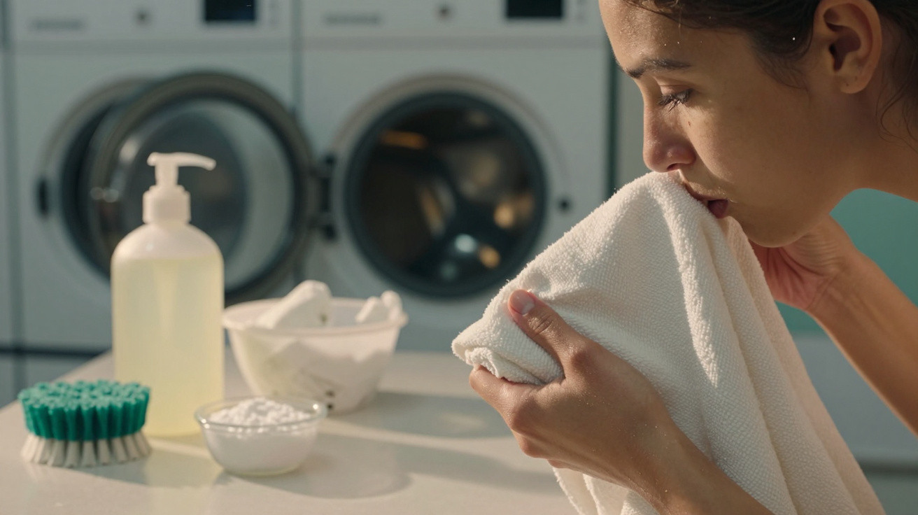Woman smelling a freshly washed white towel in a laundry room with washing machines in the background.