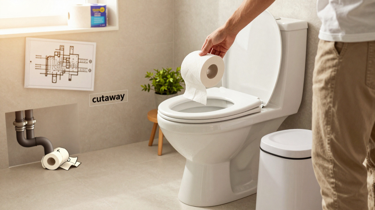 Person holding toilet paper over a white toilet in a bright bathroom with a cutaway pipe illustration on the wall.