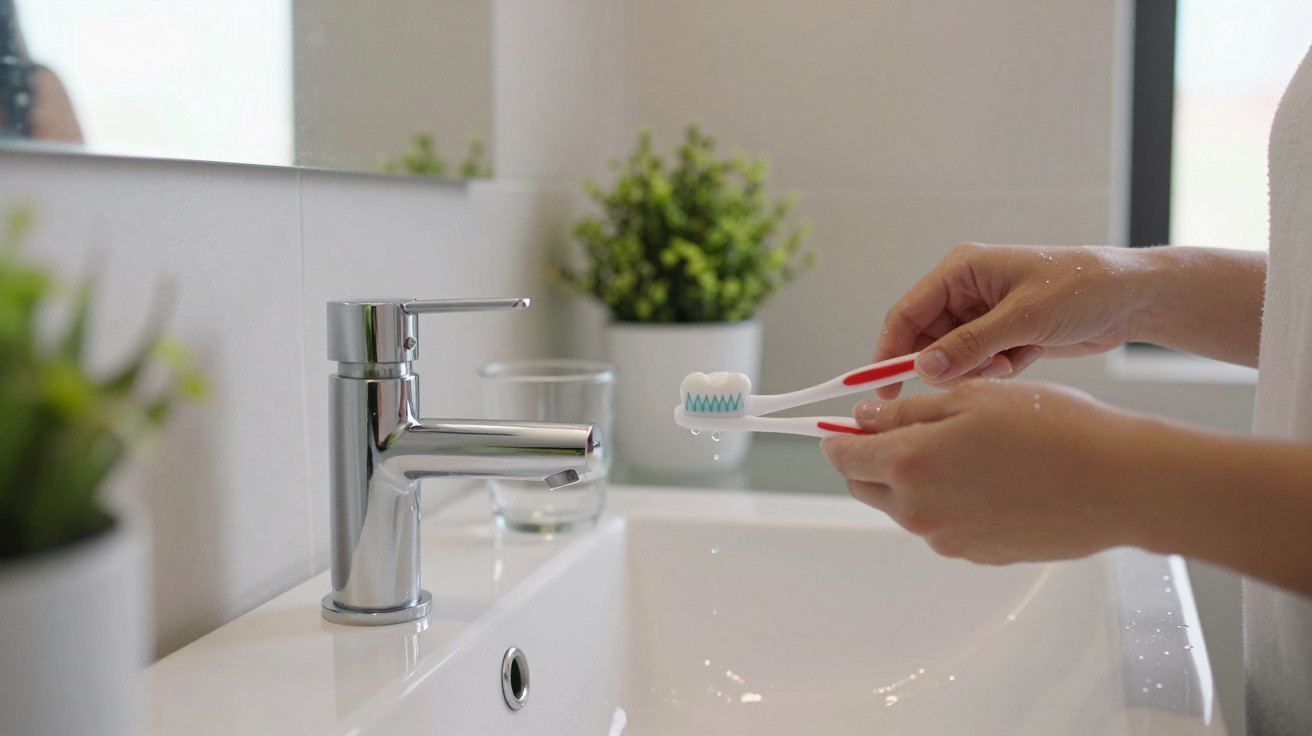 Person holding a toothbrush with toothpaste in a modern bathroom by a sink and chrome faucet.