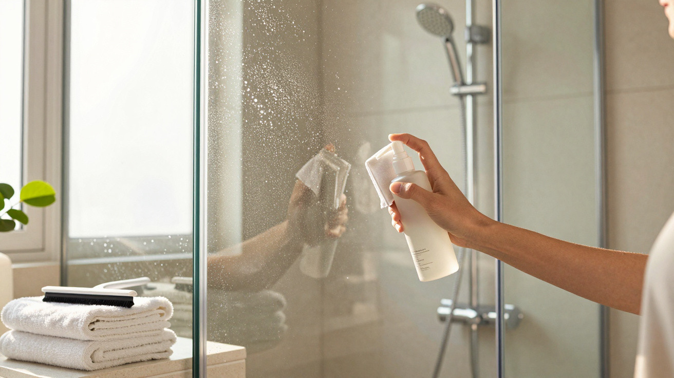 Hand spraying cleaning solution onto a glass shower door in a bright bathroom with folded towels nearby.