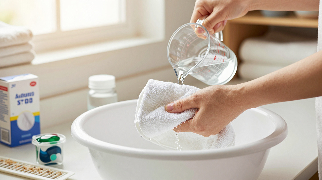 Hands pouring water from a measuring jug onto a white cloth over a basin in a bright bathroom setting.