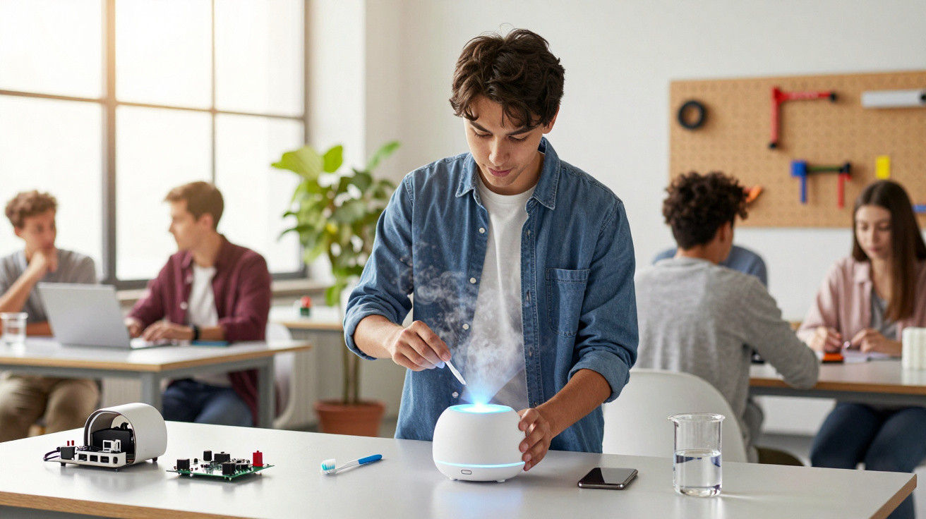 Young man using a small diffuser device emitting steam at a table in a bright classroom with students working in the backgrou