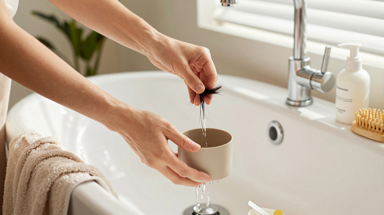Person rinsing a small clump of wet hair over a white bathtub with a beige cup.