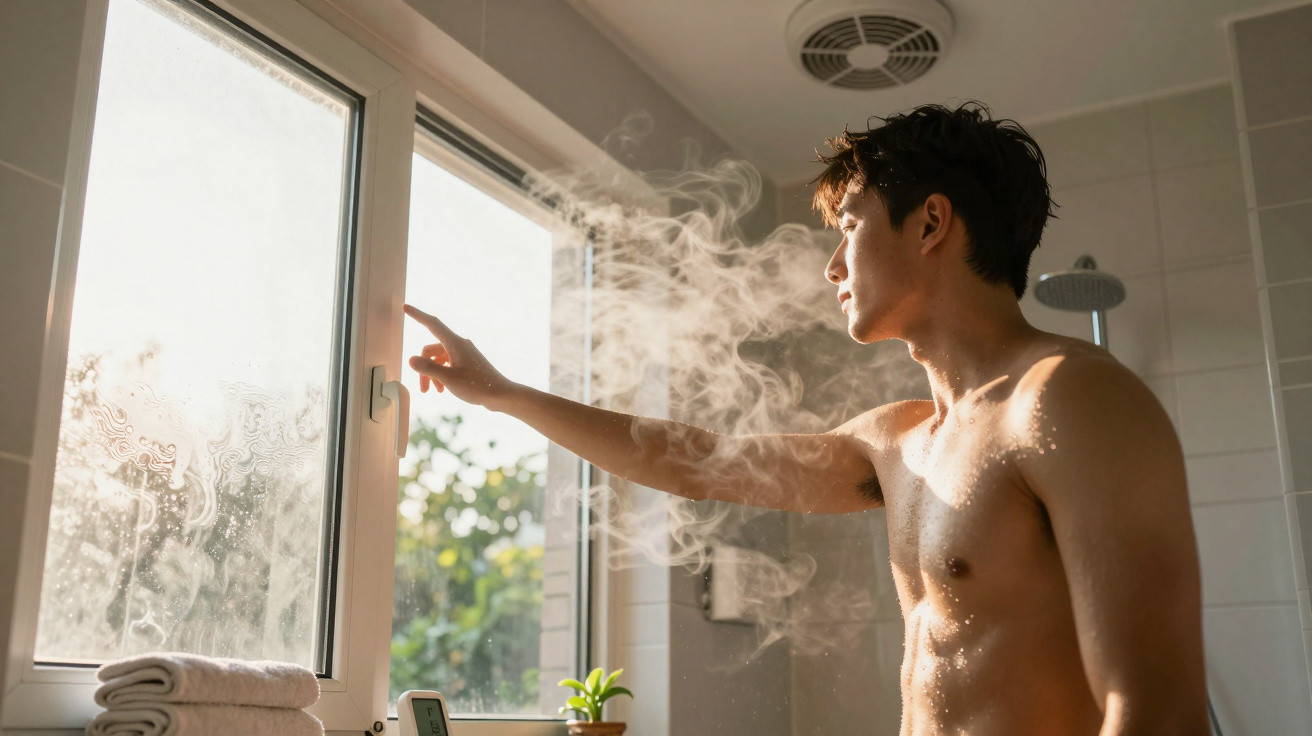Young man opening steamy bathroom window to let out steam after shower in daylight