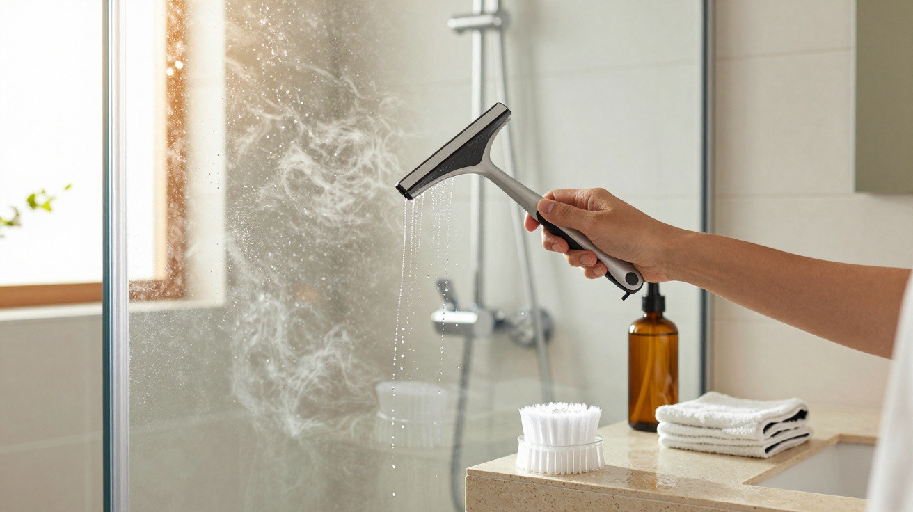 Hand holding squeegee cleaning steam-covered shower glass with towels and soap bottle on countertop.