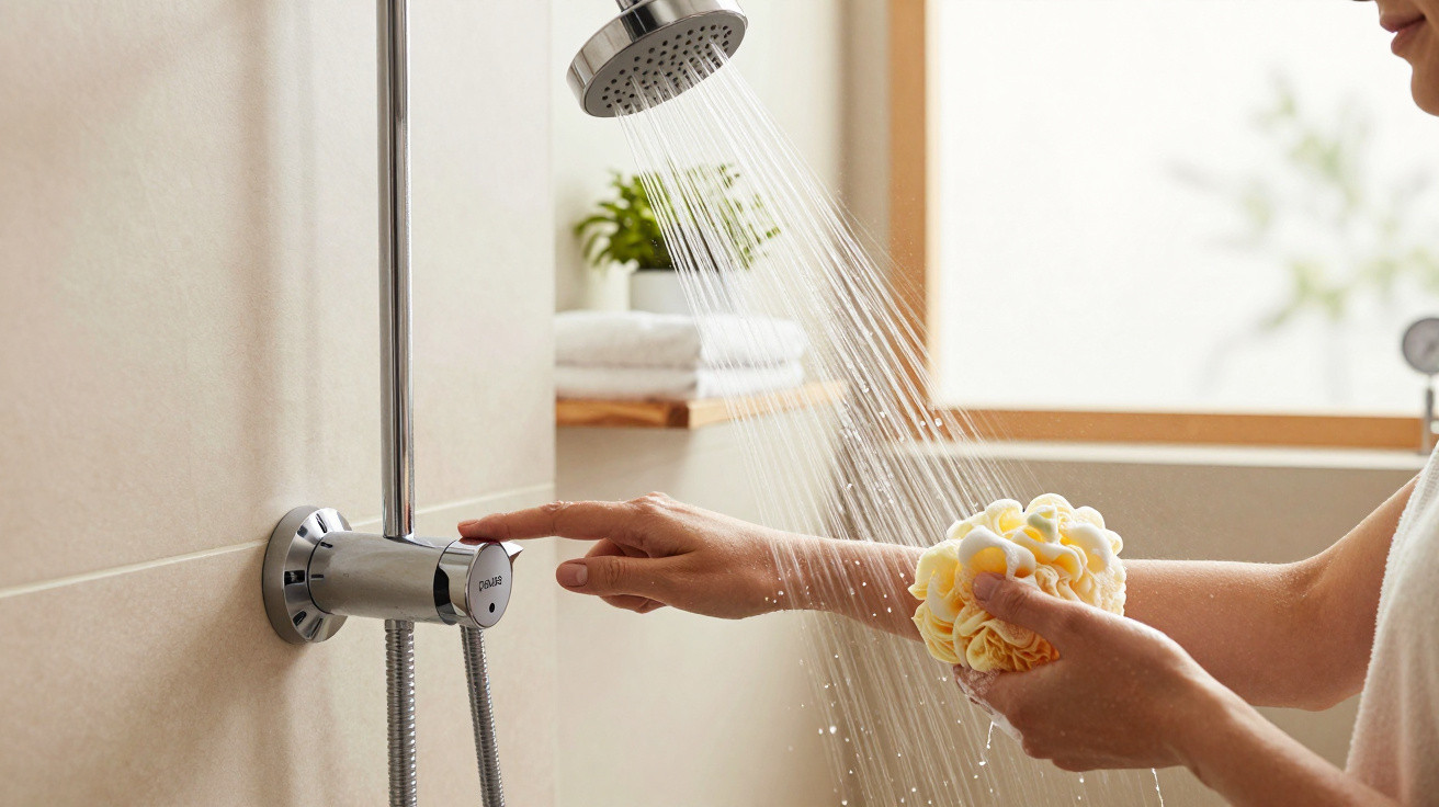 Person adjusting water temperature under running shower with yellow bath sponge in hand in bright bathroom