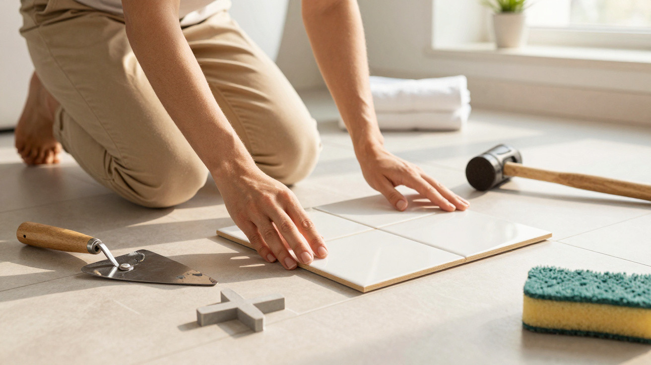 Person installing white ceramic floor tiles with tools including a rubber mallet, sponge, and tile spacers nearby