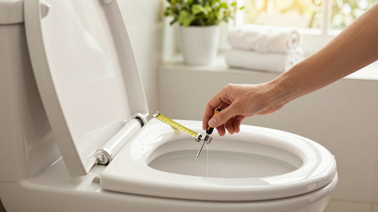 Hand measuring water level in a toilet bowl with a tape measure and gauge in a bright bathroom.