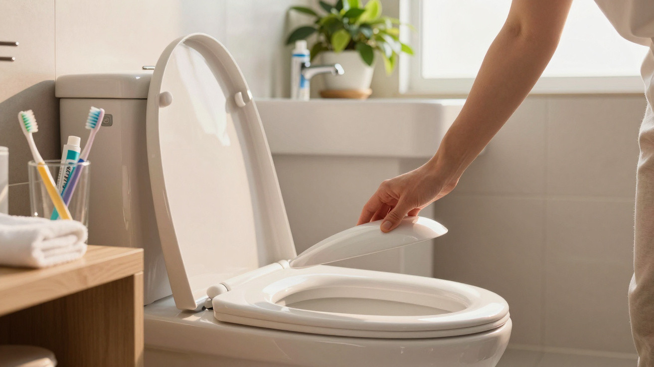 Person lifting the lid of a clean white toilet in a bright bathroom with toiletries nearby.