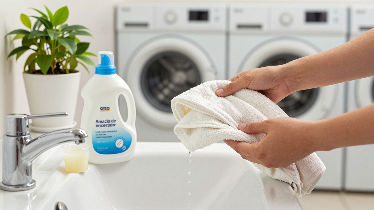 Hands wringing water from a white towel over a sink with laundry detergent and washing machines in the background.