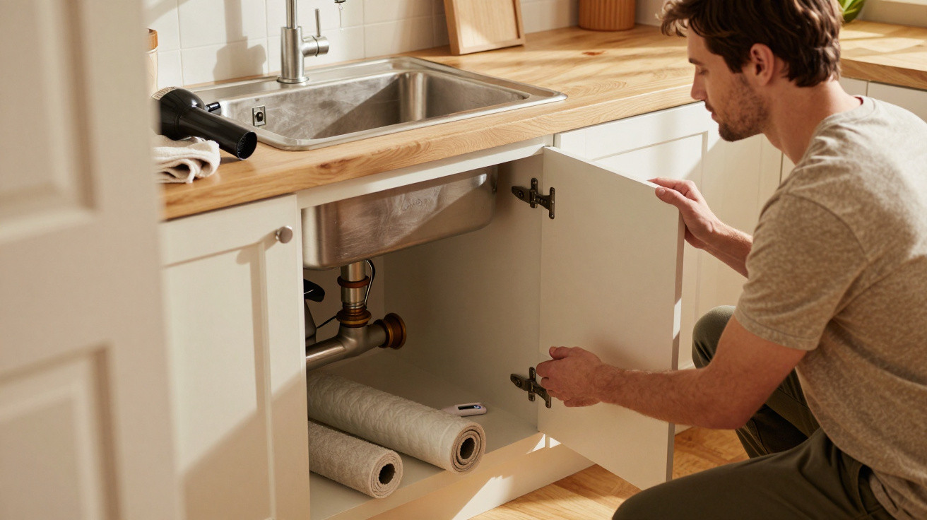Man kneeling and opening a cabinet under a kitchen sink with rolls of paper inside the cupboard.