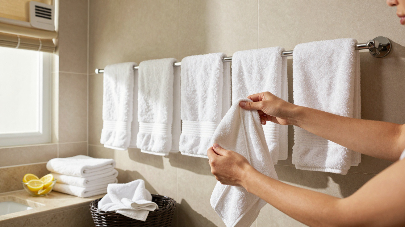 Person holding a white towel in a bathroom with five white towels hanging on a rail and folded towels nearby.