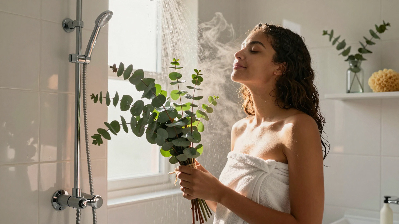 Woman wrapped in towel holding eucalyptus branches under running shower in bright bathroom