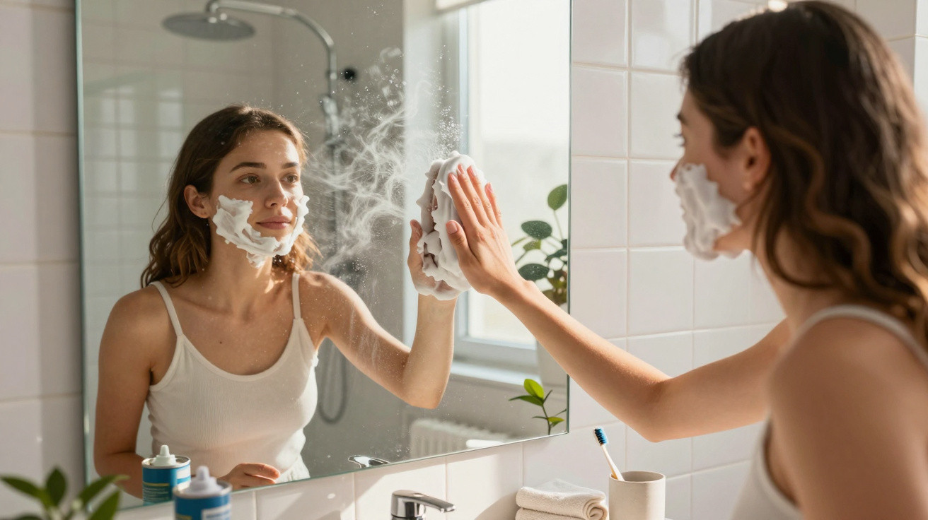 Young woman with shaving cream on her face cleaning a bathroom mirror with a cloth.