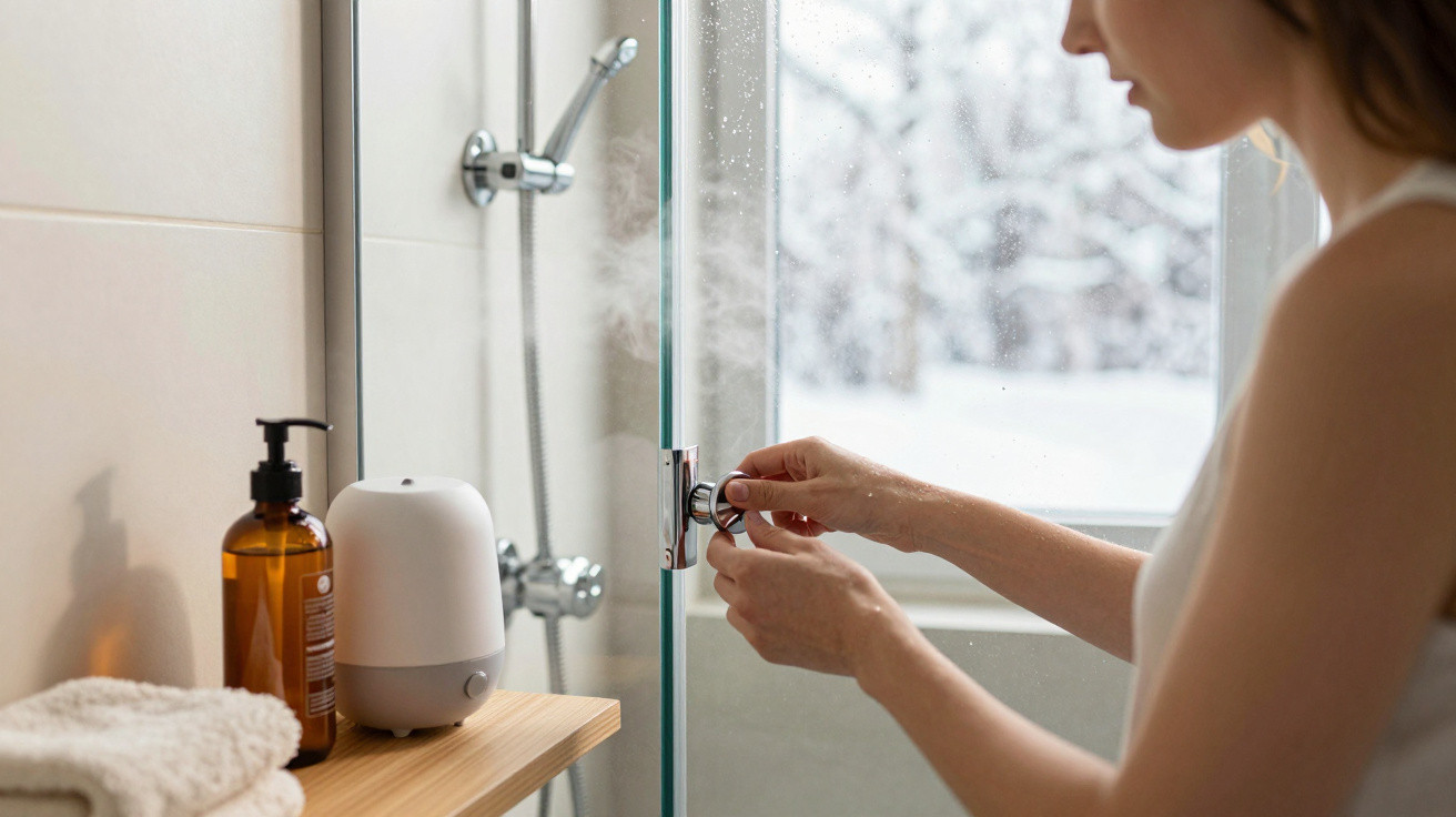 Woman adjusting the steam knob on a glass-walled shower in a snowy bathroom setting