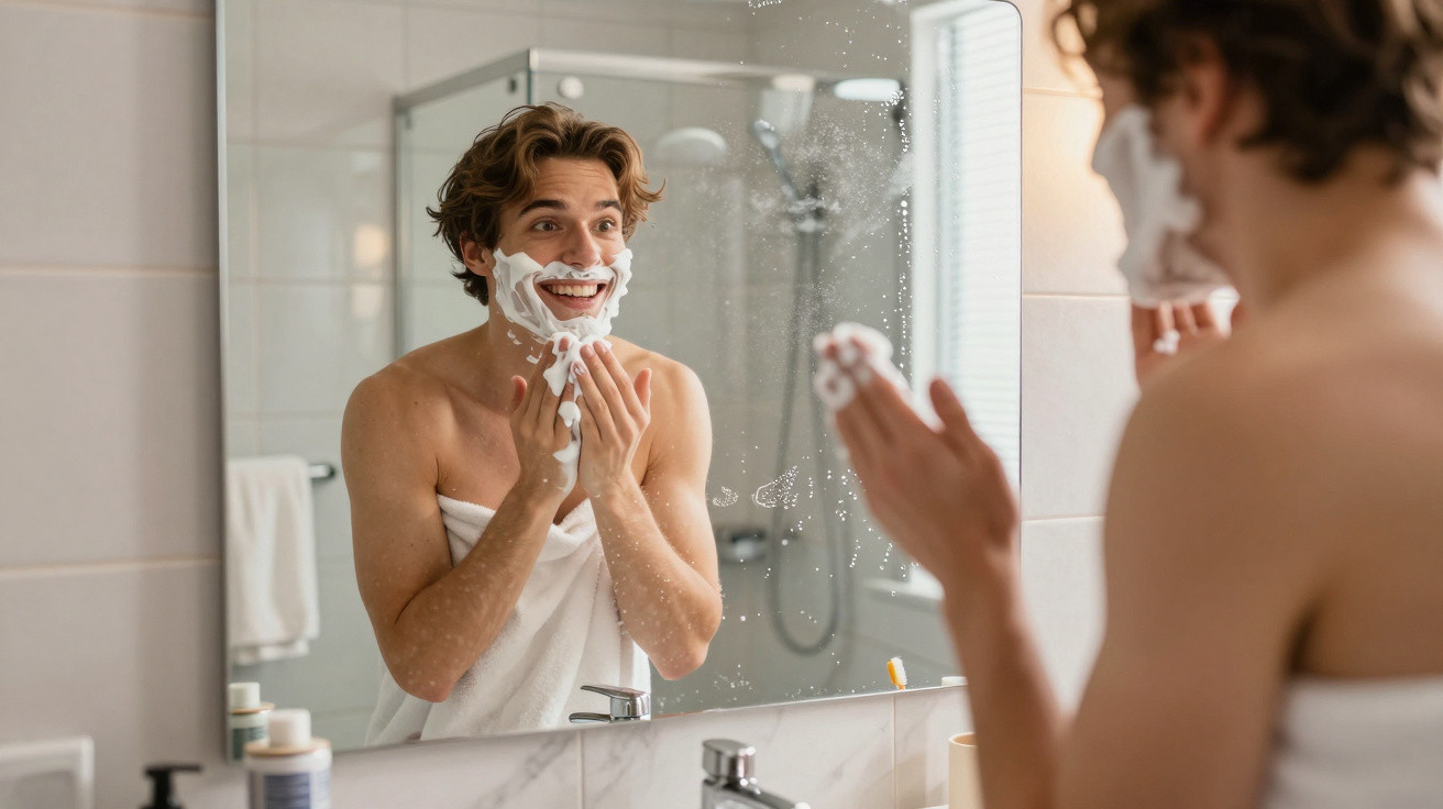 Young man wrapped in towel smiling while applying shaving foam in front of bathroom mirror