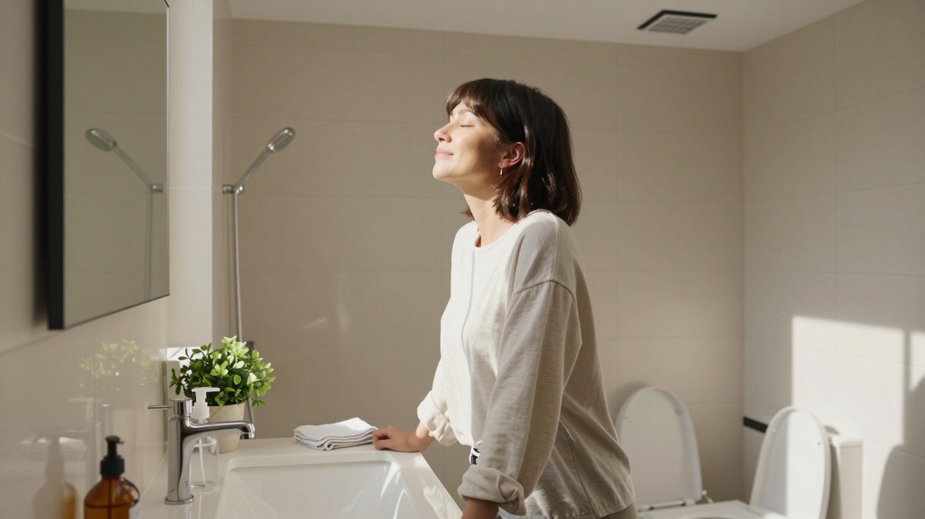 Woman in light sweater standing by bathroom sink with eyes closed, enjoying sunlight through window.
