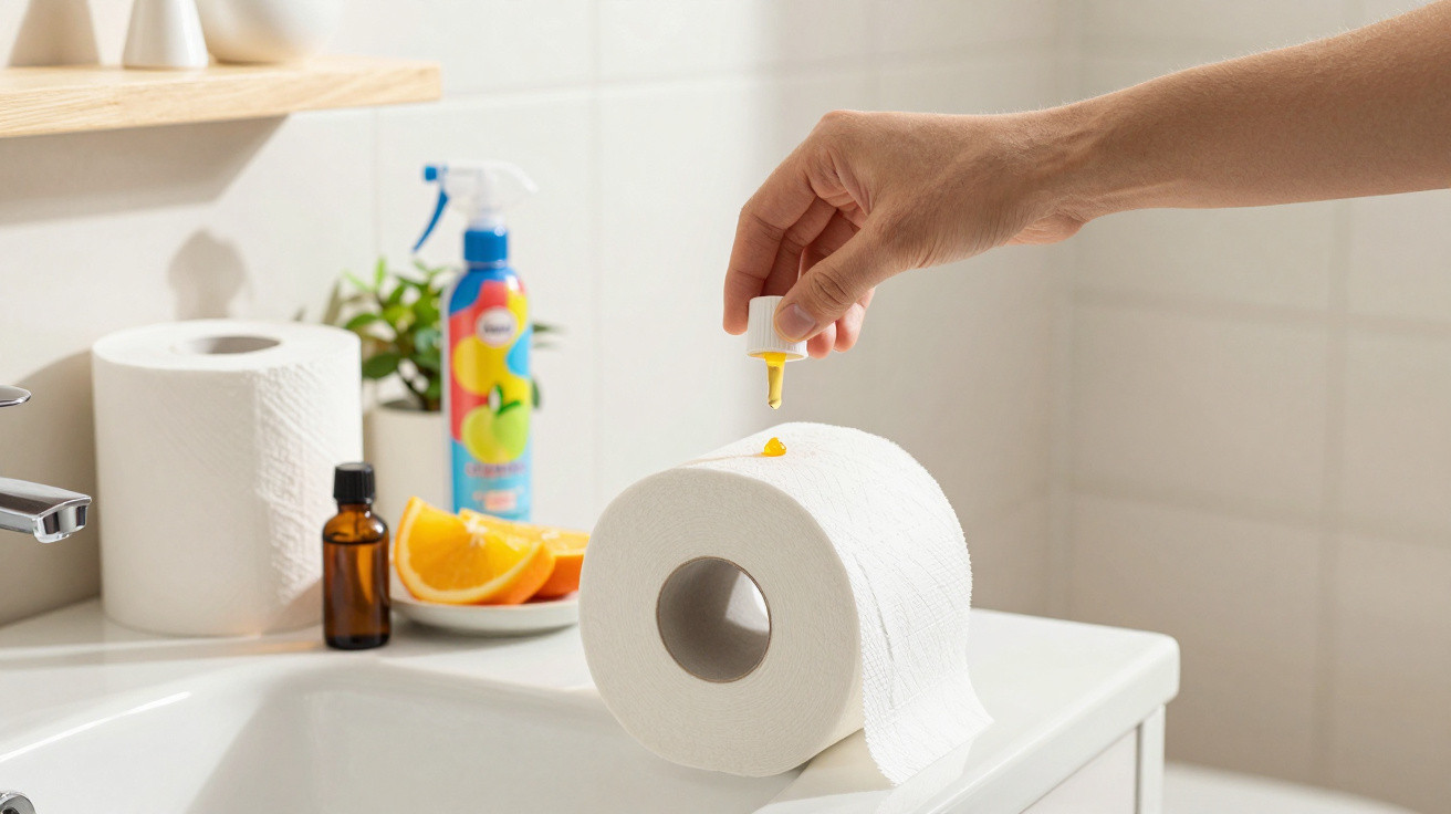 Hand dripping essential oil onto a roll of white toilet paper on a bathroom sink counter.
