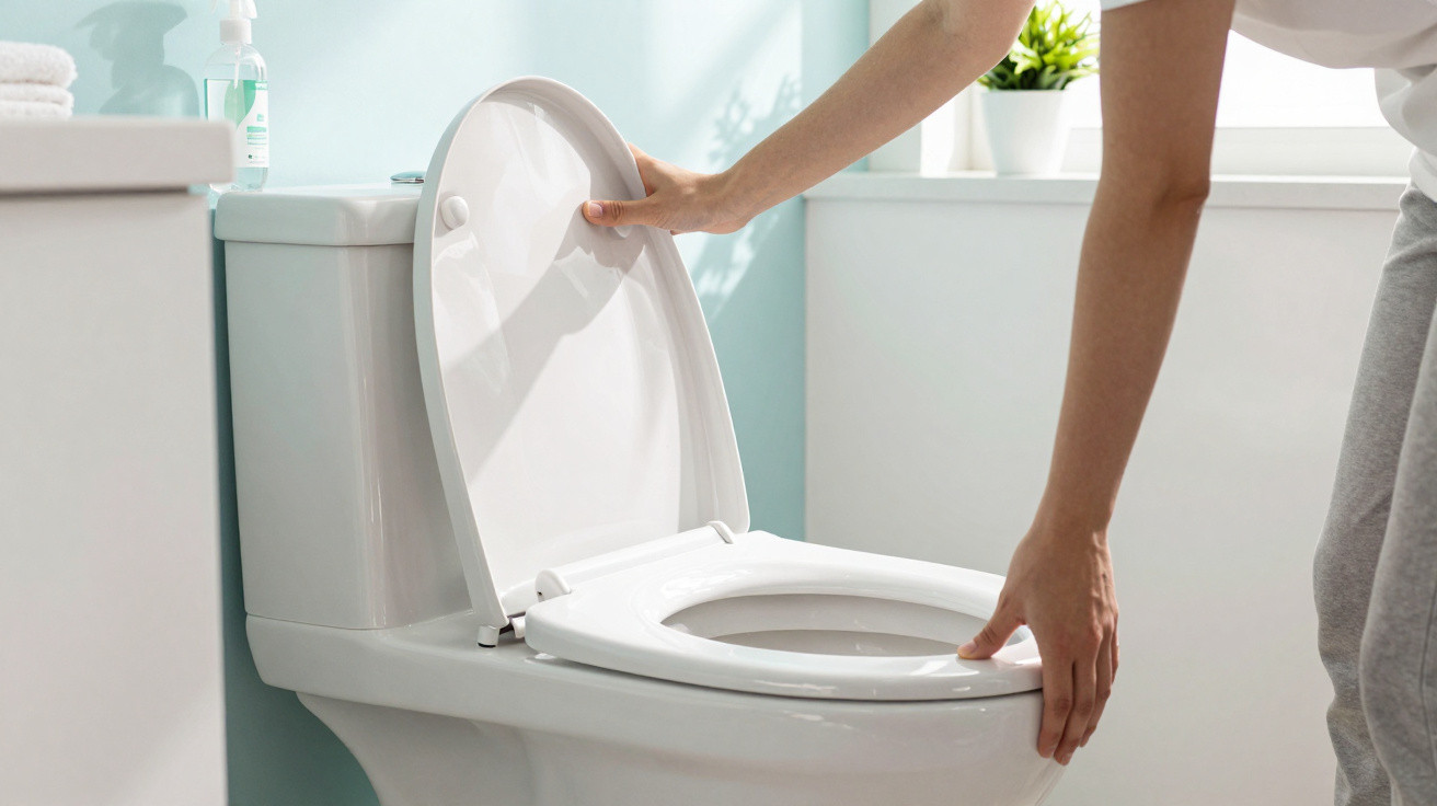 Person lifting the lid of a clean white toilet in a bright bathroom with a plant on the windowsill.