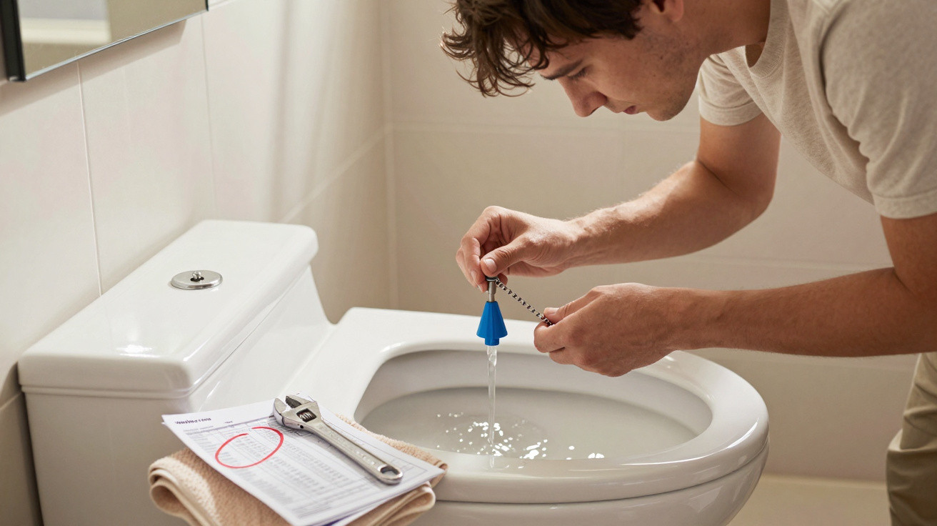 Man holding a blue toilet flapper above a toilet bowl with a wrench and paperwork on the tank lid.