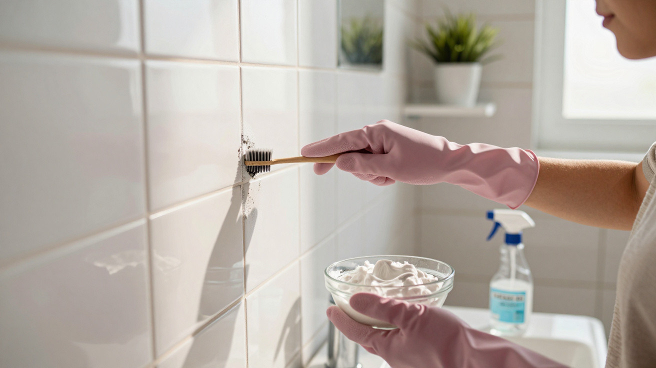 Person wearing pink gloves cleaning grout between white tiles with a brush and cleaning paste in a bathroom.