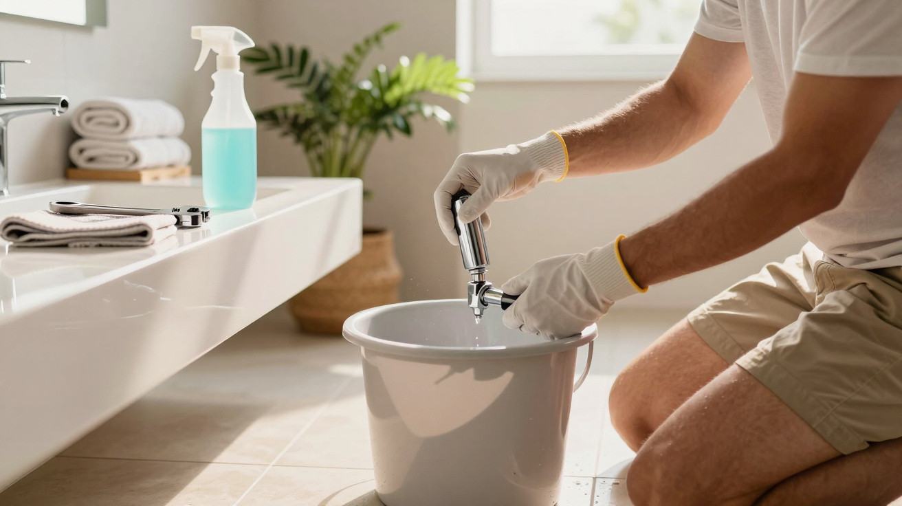 Person wearing gloves fixing a faucet over a white bucket in a bright bathroom.