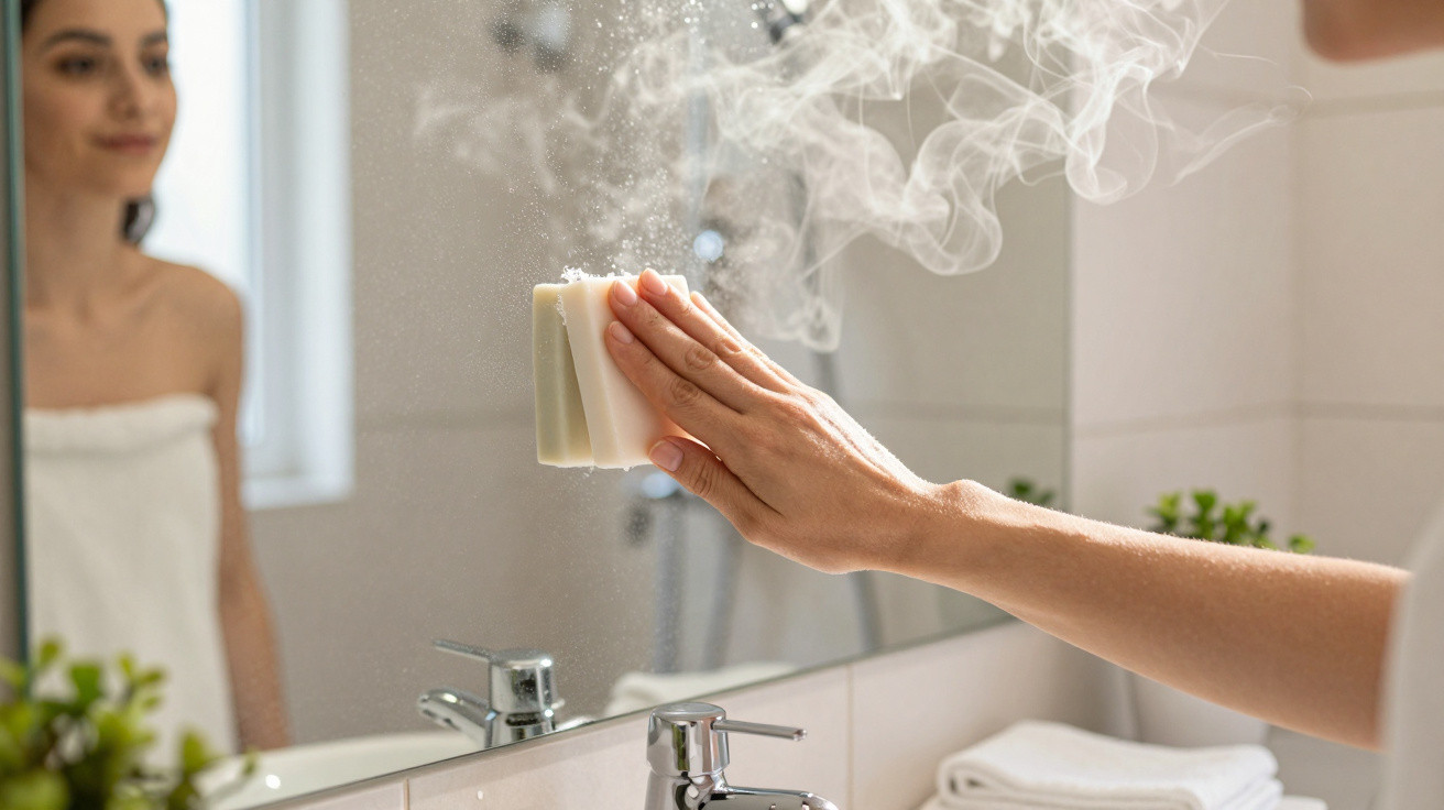 Person cleaning a steamy bathroom mirror with a sponge while wrapped in a towel.