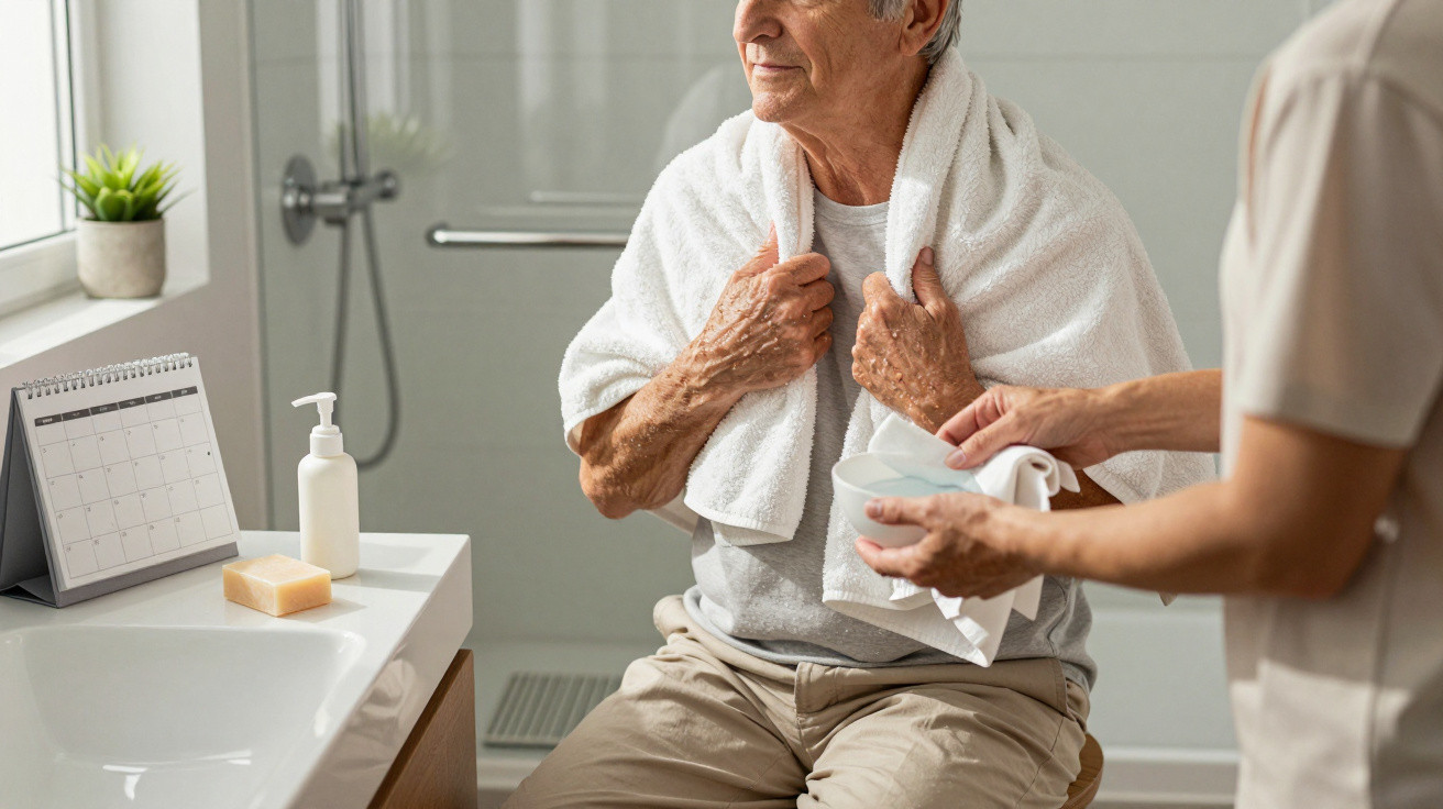 Elderly man with a towel around his neck being assisted by a caregiver in a bathroom setting.