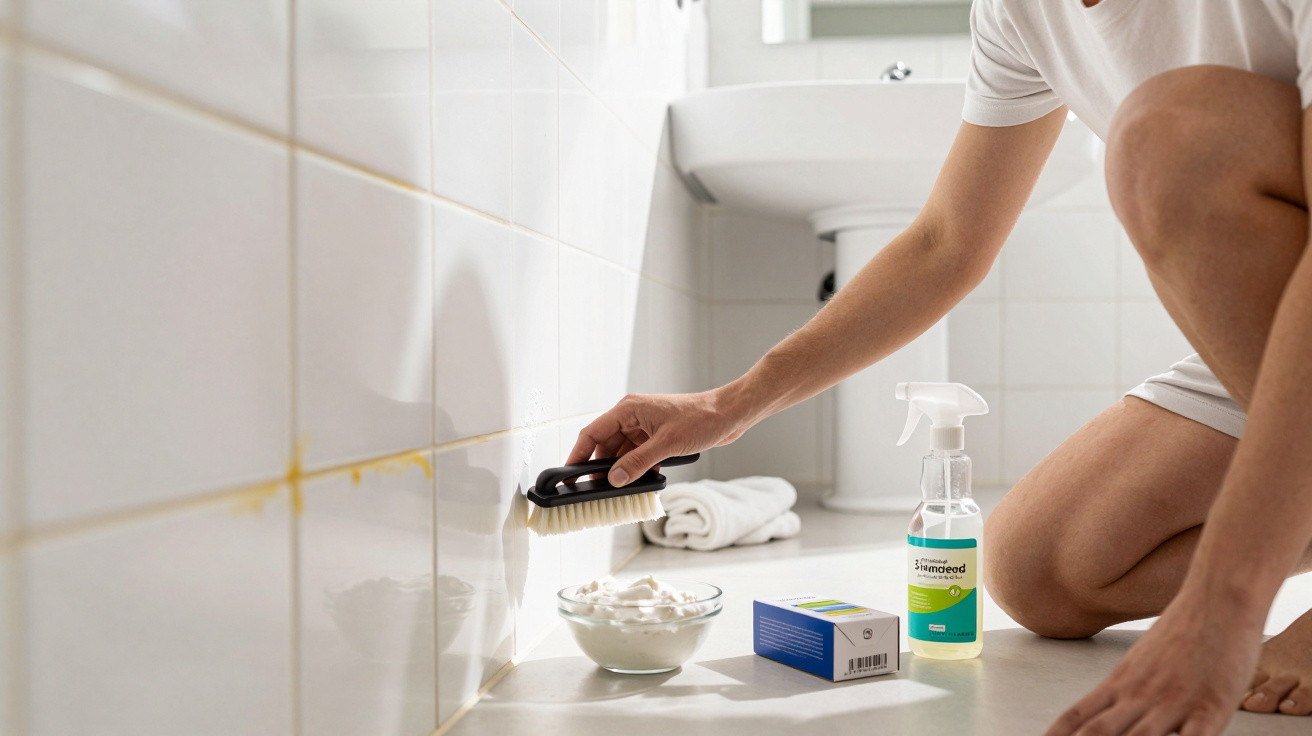 Person scrubbing bathroom tiles stained with yellow mold using a brush and cleaning spray bottle.