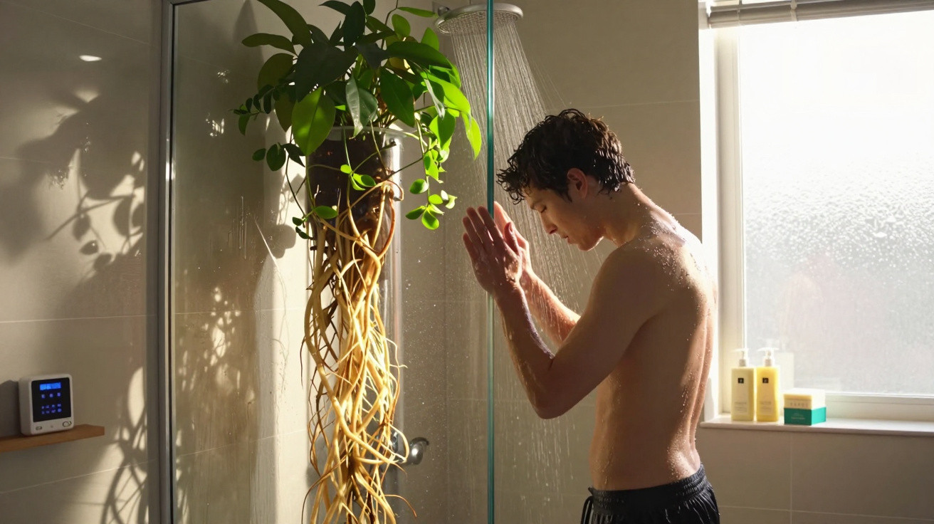 Man standing under shower water in bright bathroom next to large hanging plant and window with toiletries.