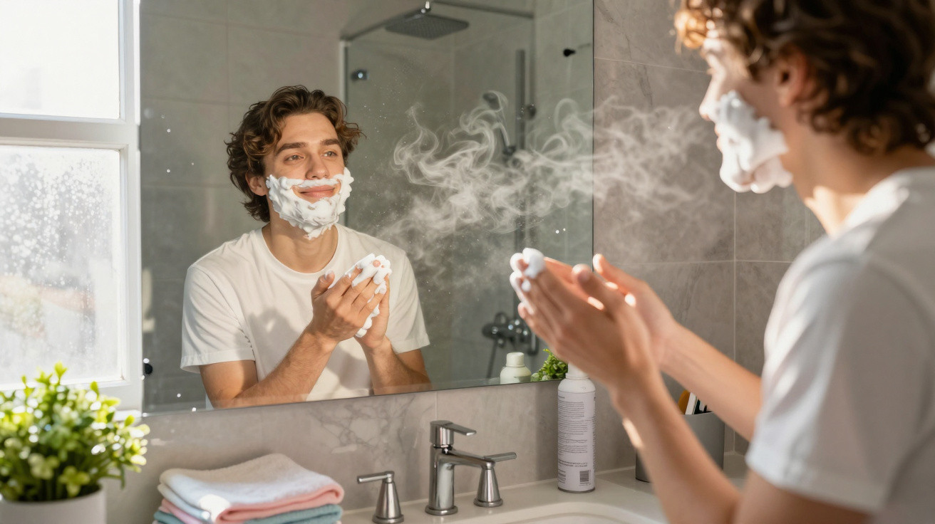 Young man with shaving foam on face smiling and blowing foam in front of bathroom mirror in bright morning light
