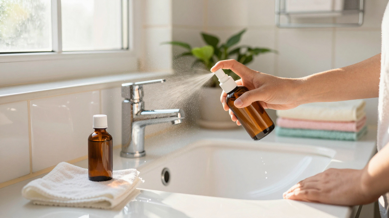 Hand spraying liquid from a brown glass bottle over a bathroom sink with towels and faucet nearby.