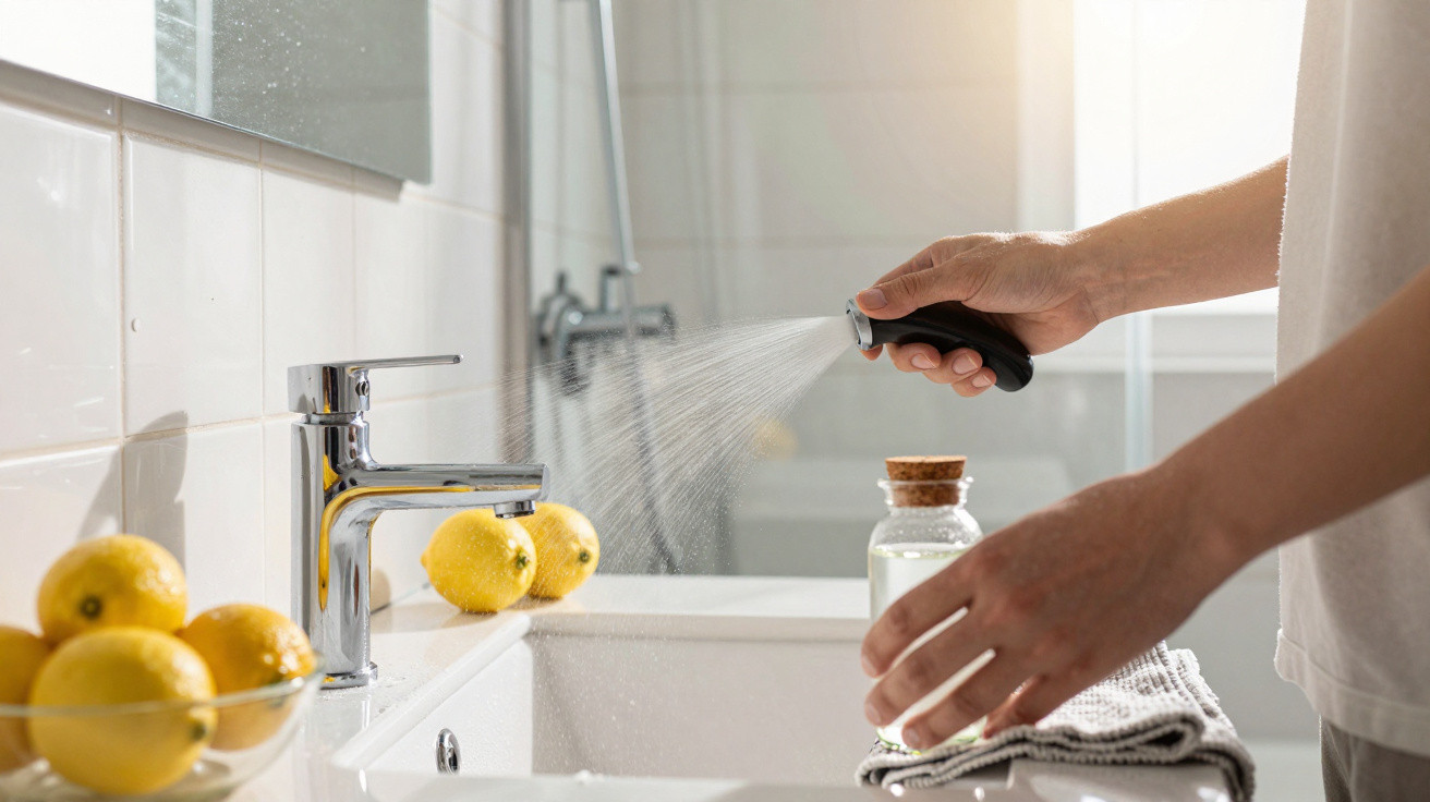 Person spraying water from a black nozzle over a white bathroom sink with lemons on the side.