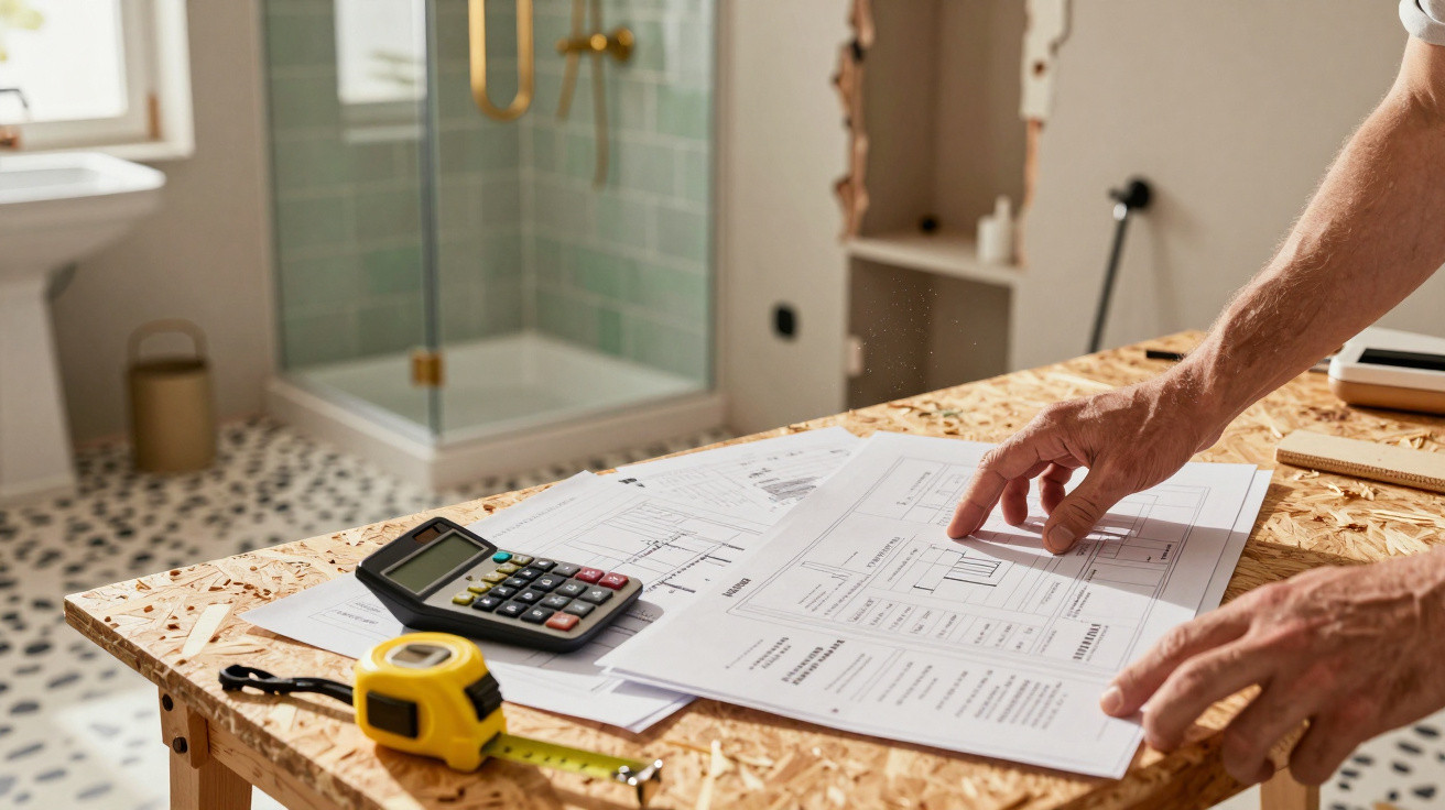 Person reviewing architectural plans on a table with a calculator and measuring tape in a bathroom setting.