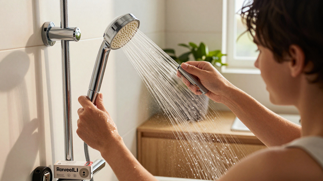 Person adjusting a handheld showerhead spraying water in a bright bathroom with a plant in the background.