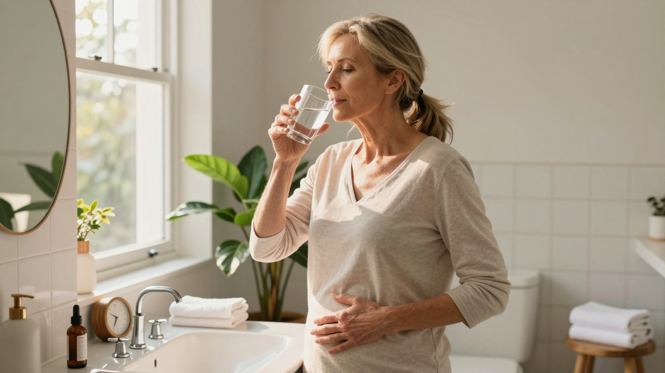 Middle-aged woman standing in bathroom drinking a glass of water with hand on stomach near window