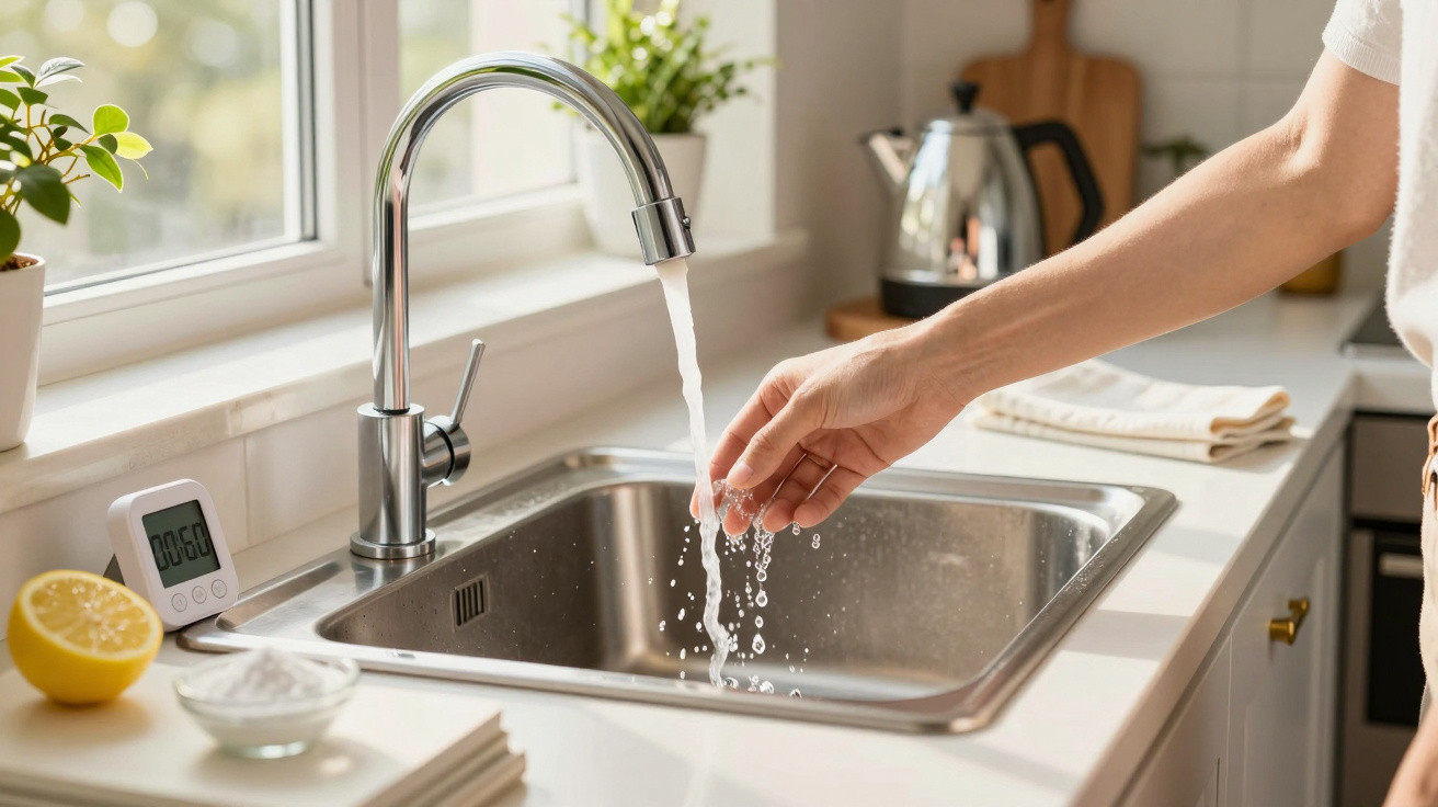 Hand under running water from kitchen sink tap with lemon and timer on countertop near window.