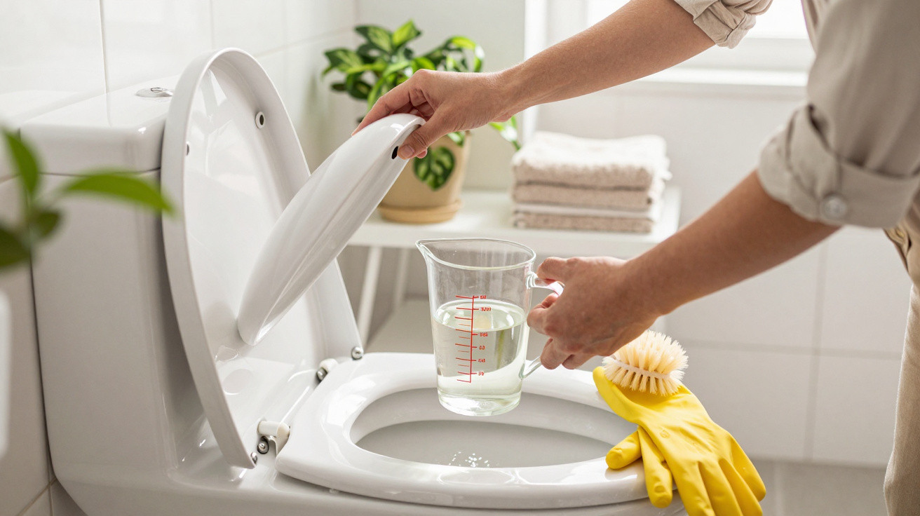 Person pouring liquid from a measuring jug into a toilet bowl wearing yellow cleaning gloves nearby.