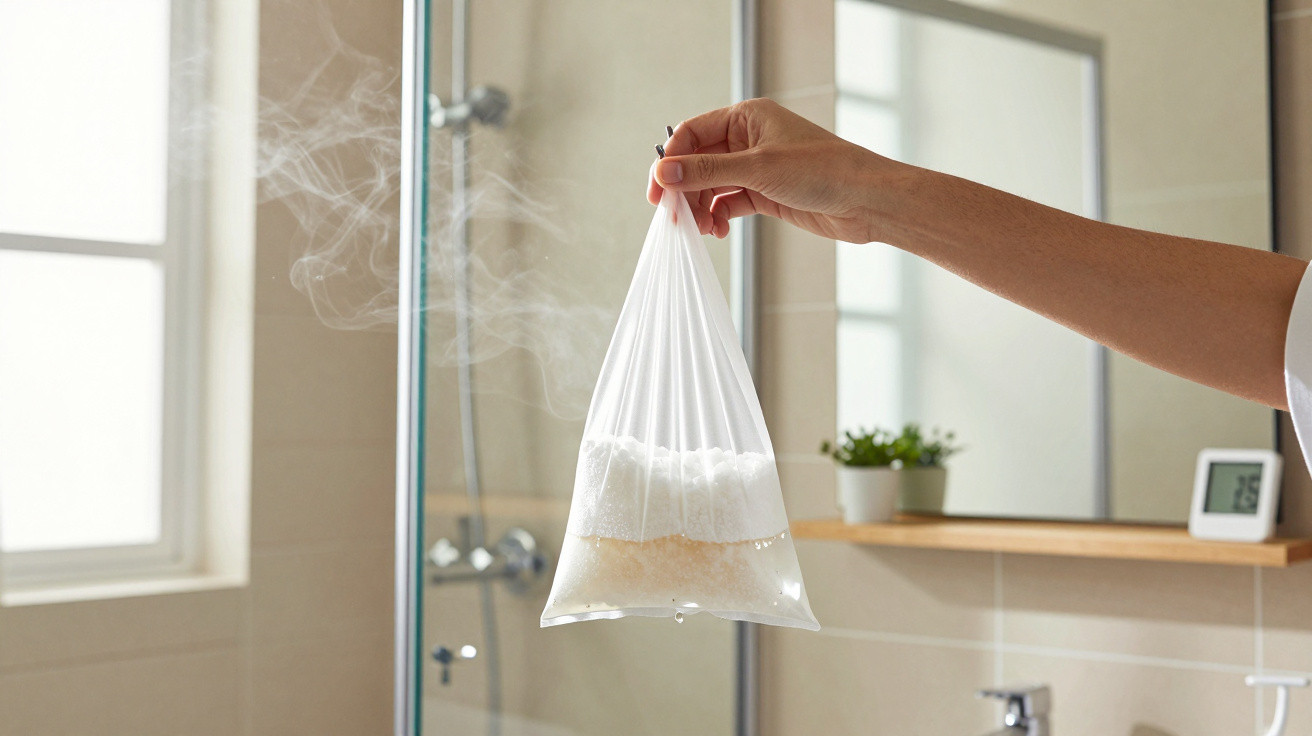 Hand holding a steaming white plastic bag filled with hot water in a bathroom setting.