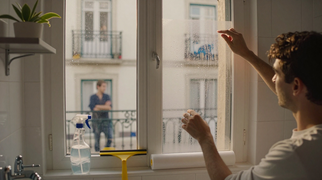 Man cleaning a kitchen window with a squeegee and spray bottle, another person blurred outside on a balcony.