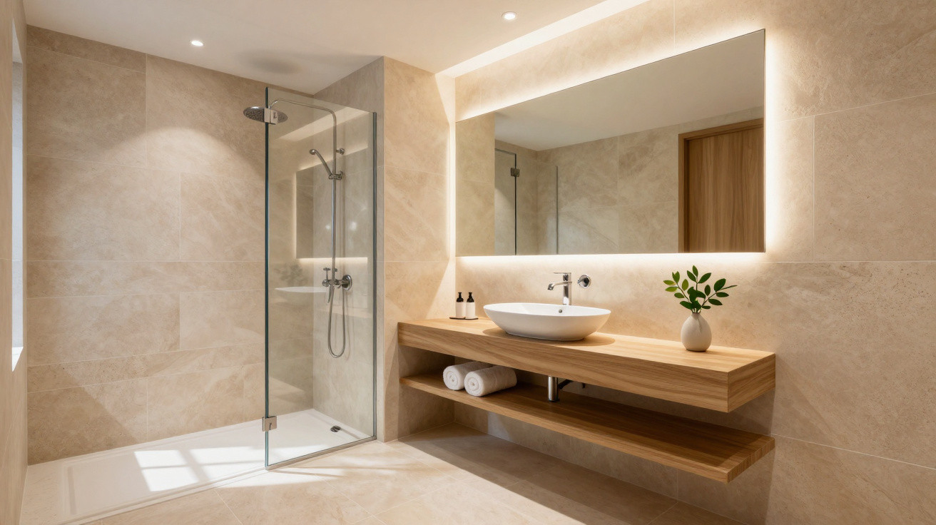 Modern bathroom with walk-in glass shower, wooden floating vanity, round basin, illuminated mirror, and beige tiles.