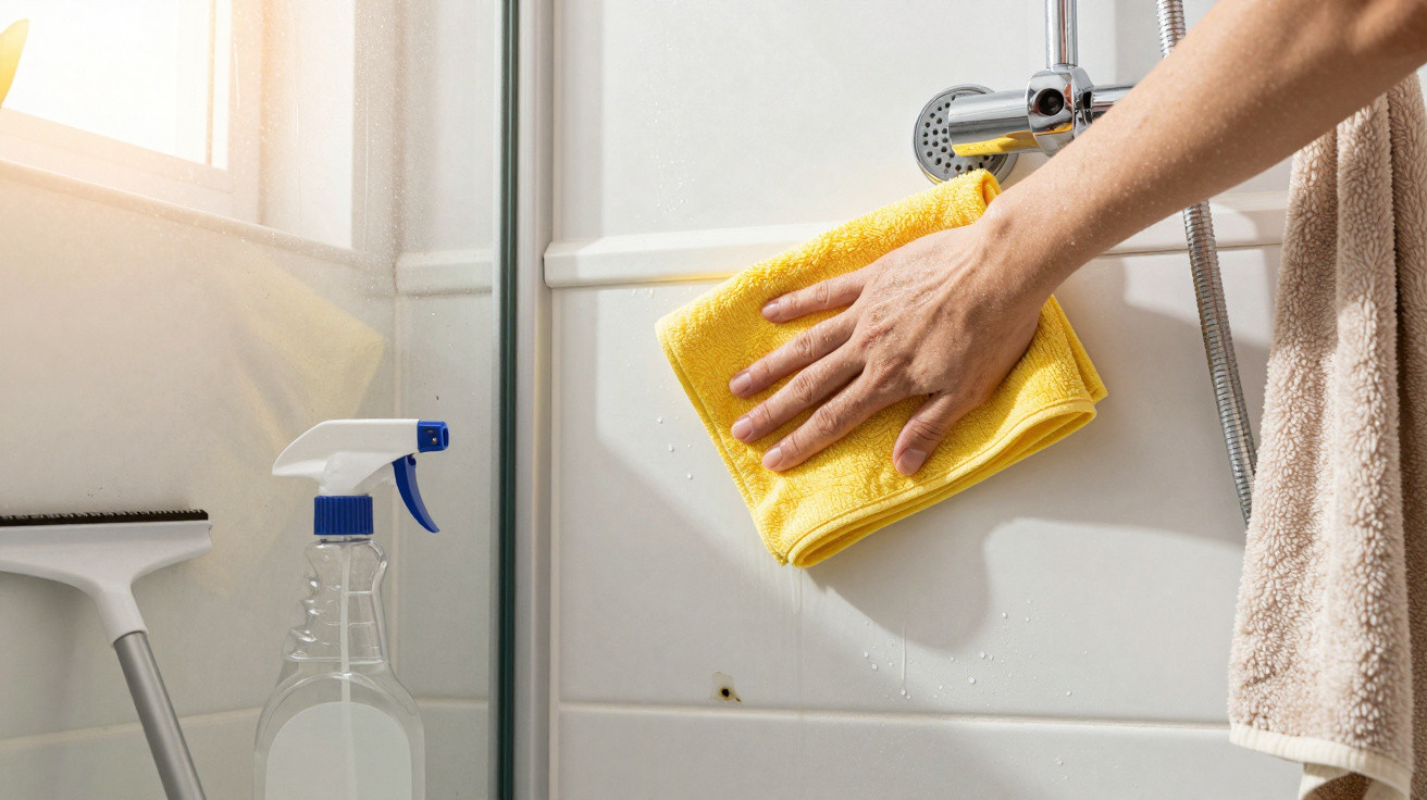 Hand wiping bathroom tiles with a yellow cloth next to a spray bottle and window scraper.