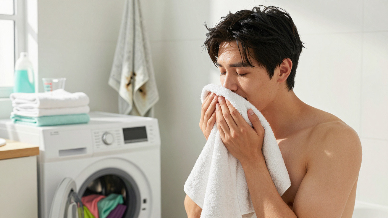 Shirtless man drying his face with a white towel in a bright laundry room near a washing machine.