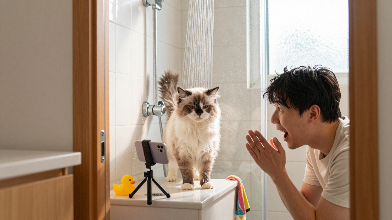 Man excitedly interacting with fluffy cat standing on bathroom counter beside smartphone and rubber duck.