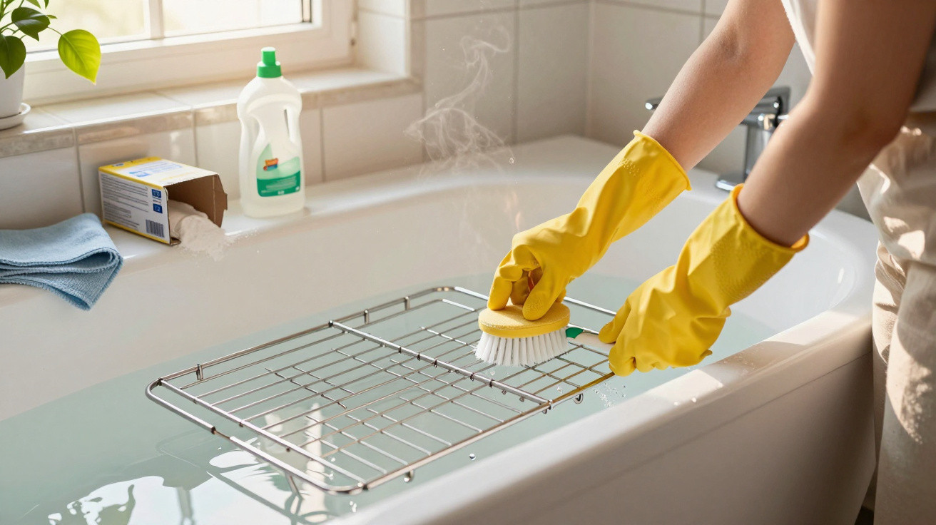 Person wearing yellow gloves scrubbing a steaming metal rack in a water-filled bathtub.