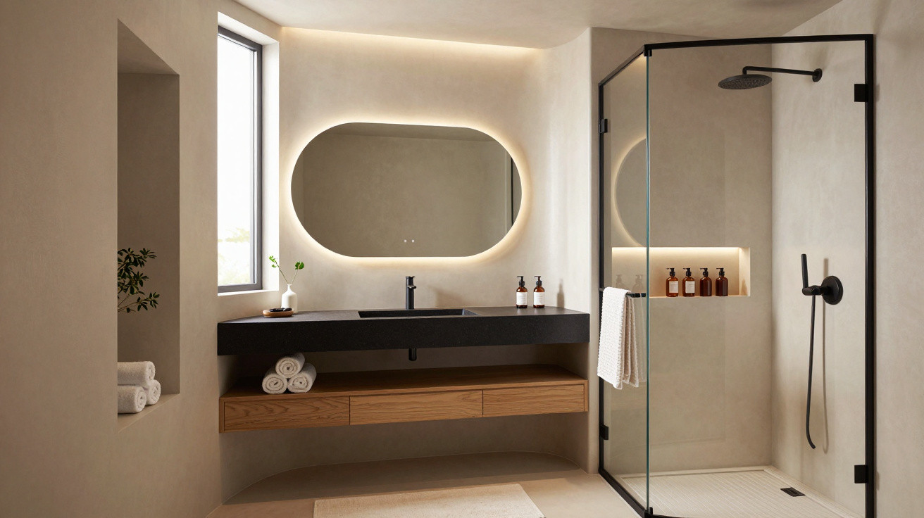 Modern bathroom with backlit oval mirror, floating wooden vanity, glass shower enclosure, and neutral-toned walls.