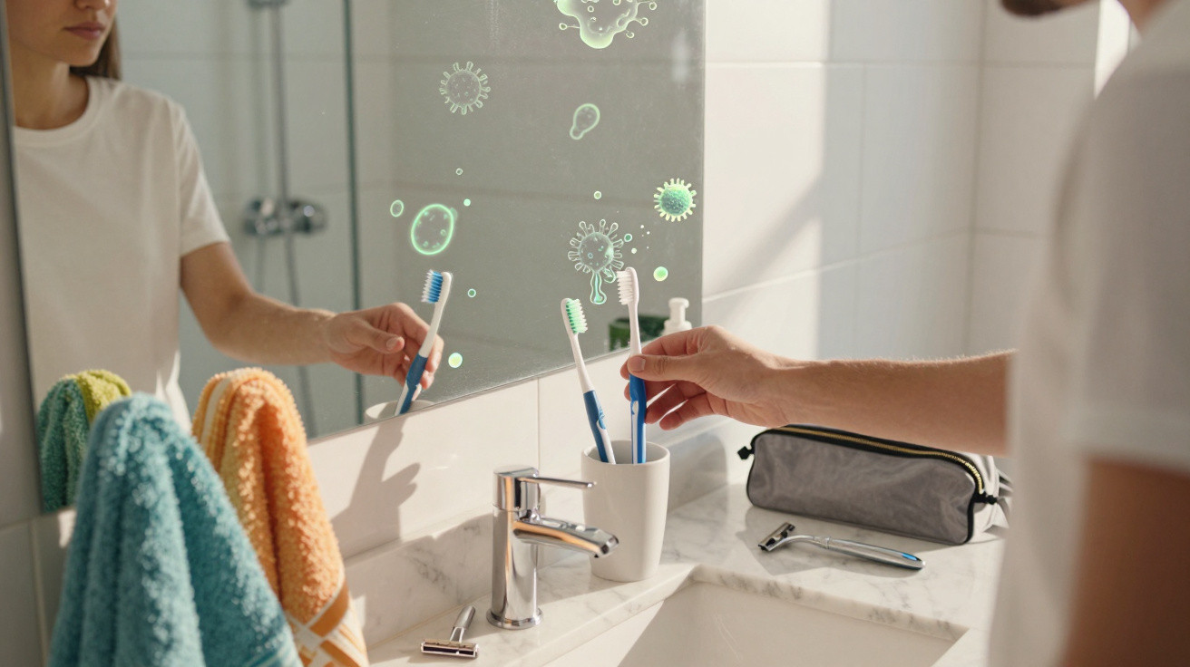 Person reaching for toothbrush in bathroom with digital germs visible on mirror surface.
