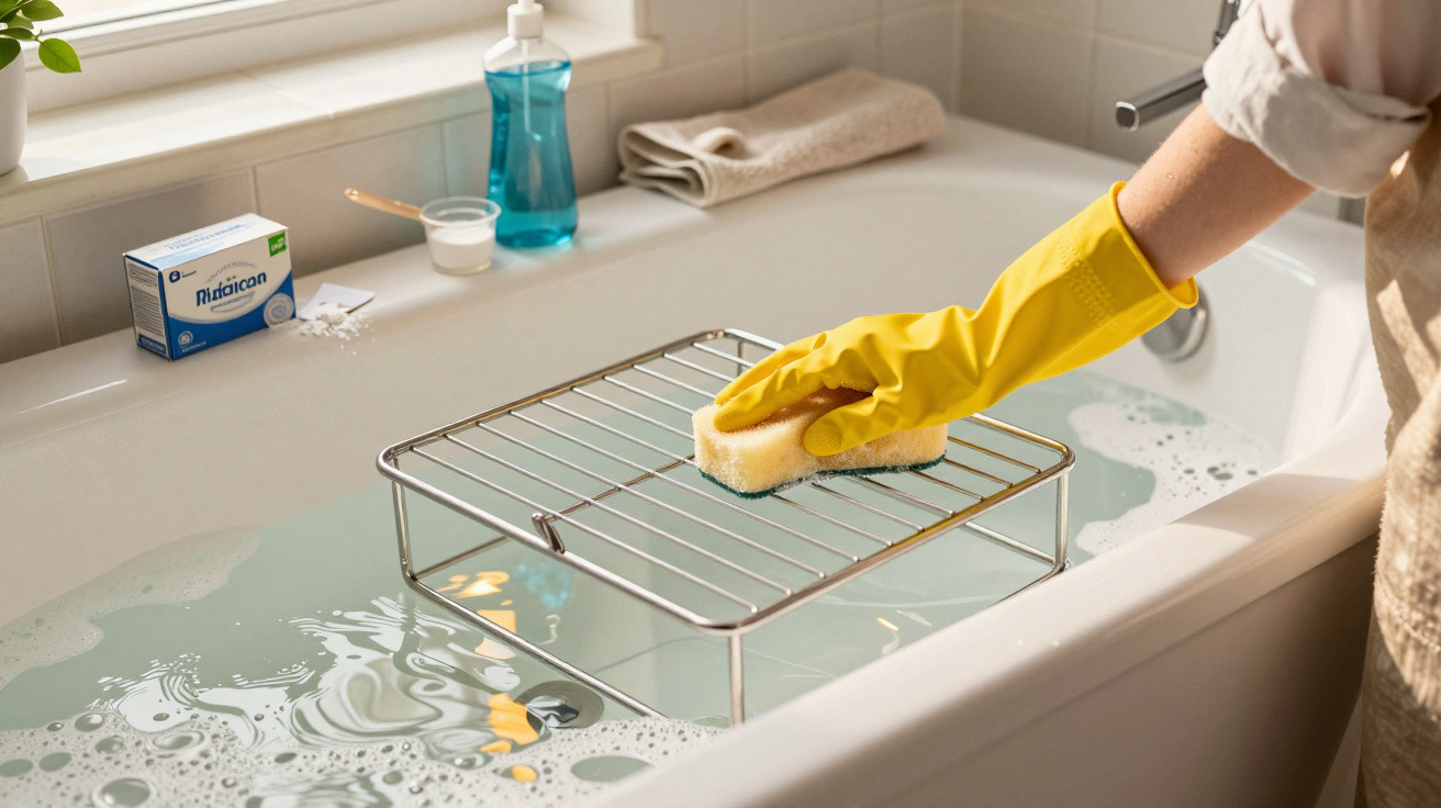 Person wearing yellow gloves cleaning a metal rack over a bathtub filled with soapy water.