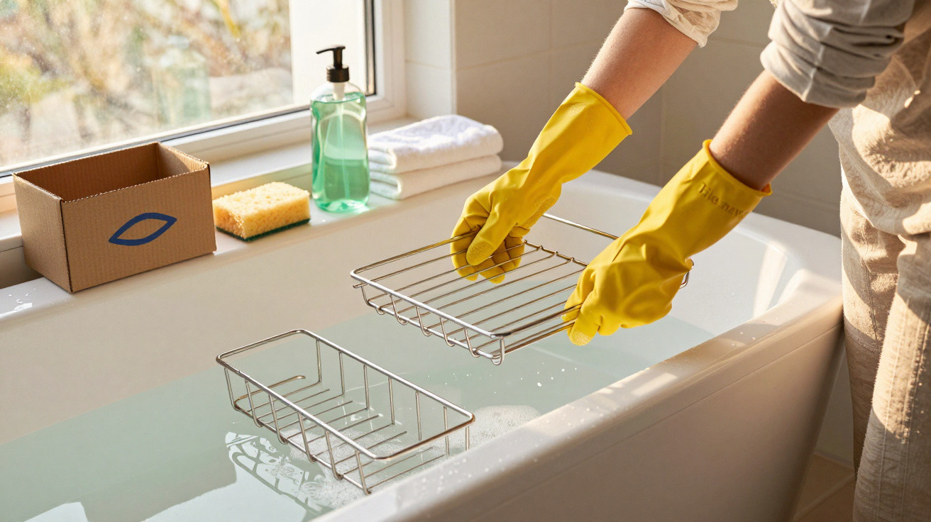Person wearing yellow gloves cleaning metal baskets in a bathtub filled with soapy water by a window.