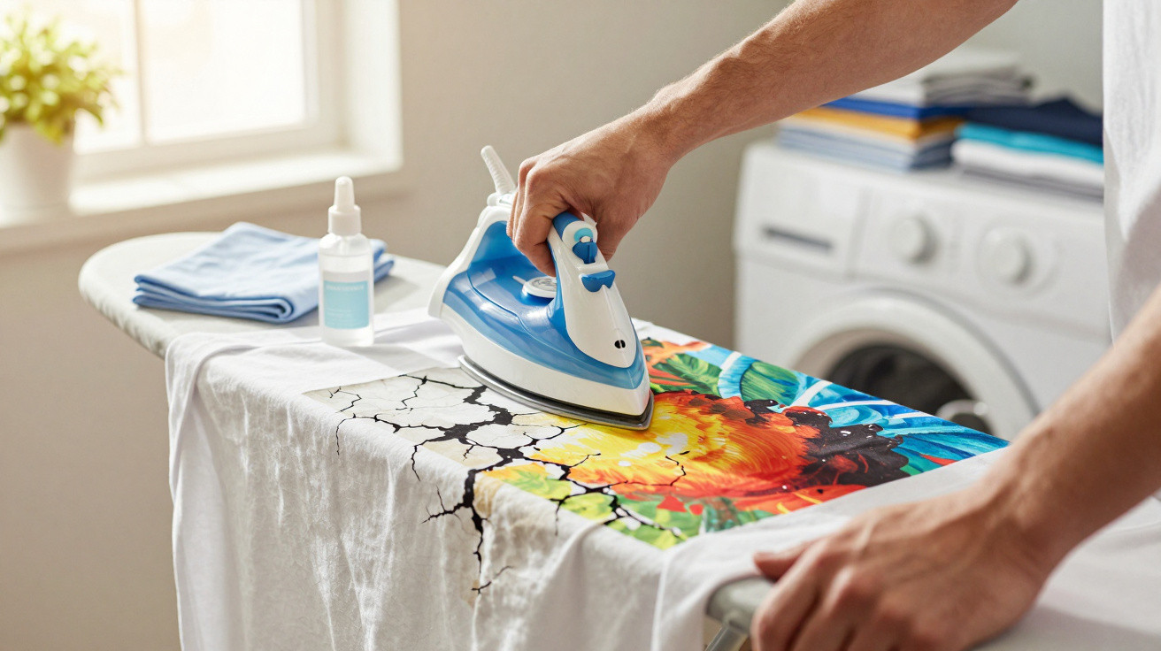 Person ironing colourful fabric on a white ironing board in a bright laundry room.